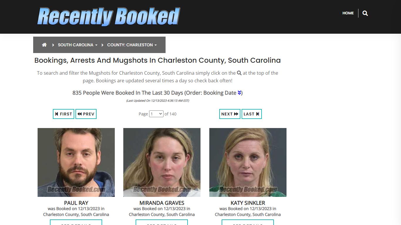 Bookings, Arrests and Mugshots in Charleston County, South Carolina